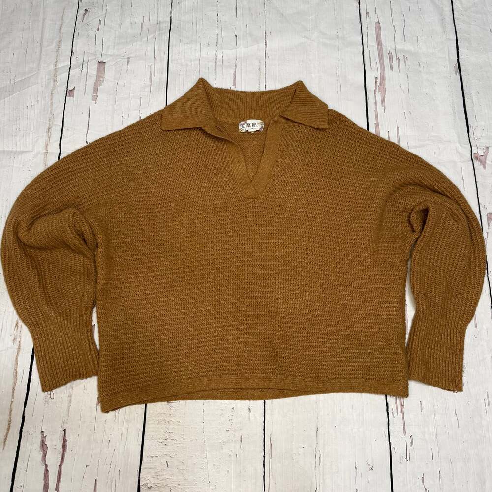 Pink Rose Brown Marled Knit Collared‎ V-Neck Pullover Sweater